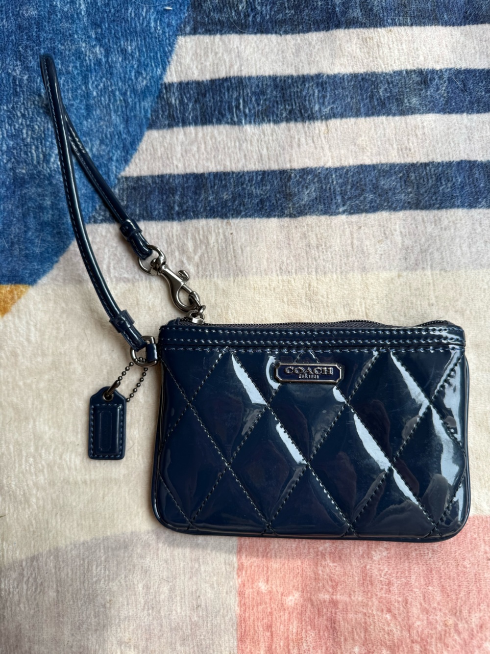 Coach Poppy Navy Quilted Patent Wristlet with Strap